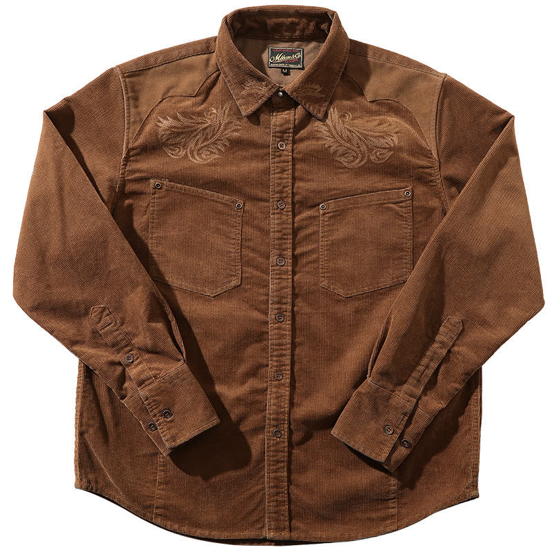 Western Vintage Corduroy Floral Embroidery Cowboy Shirt - Coffee - 3XL - image 1