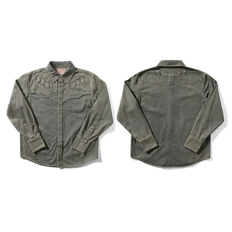 Gambler Embroidered Washed Denim Western Cowboy Shirt - image 5