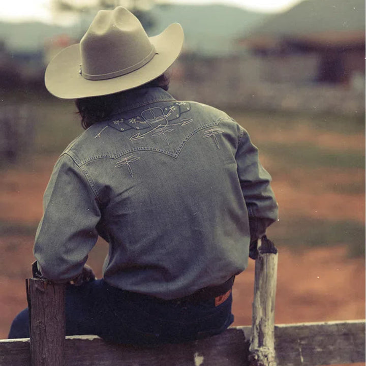 Gambler Embroidered Washed Denim Western Cowboy Shirt - image 3