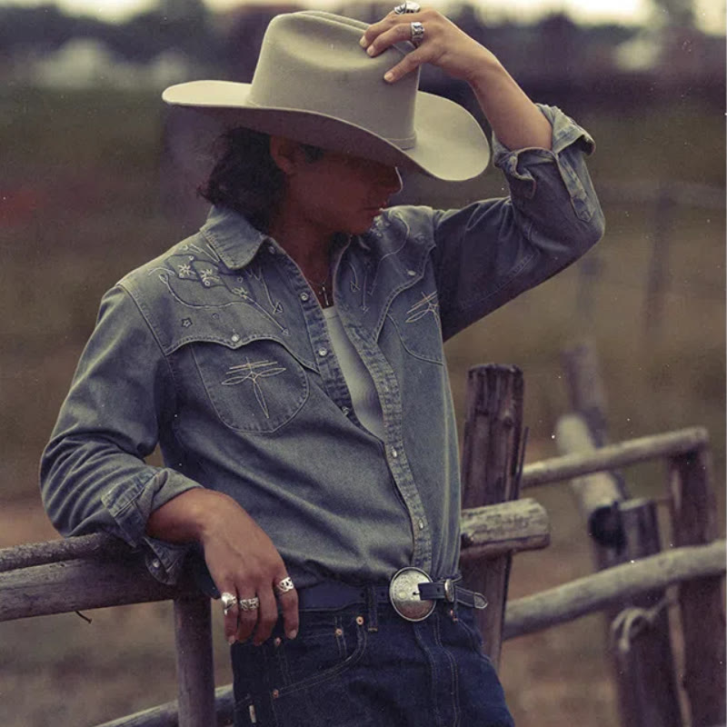 Gambler Embroidered Washed Denim Western Cowboy Shirt - image 2