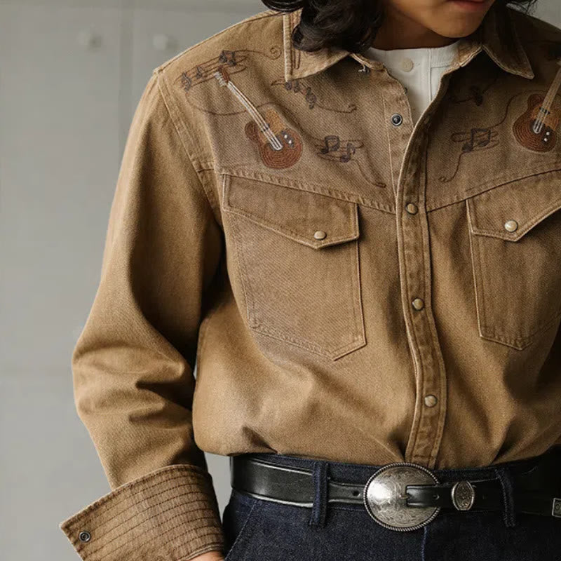 Vintage Guitar Musical Note Embroidery Western Cowboy Shirt - image 0