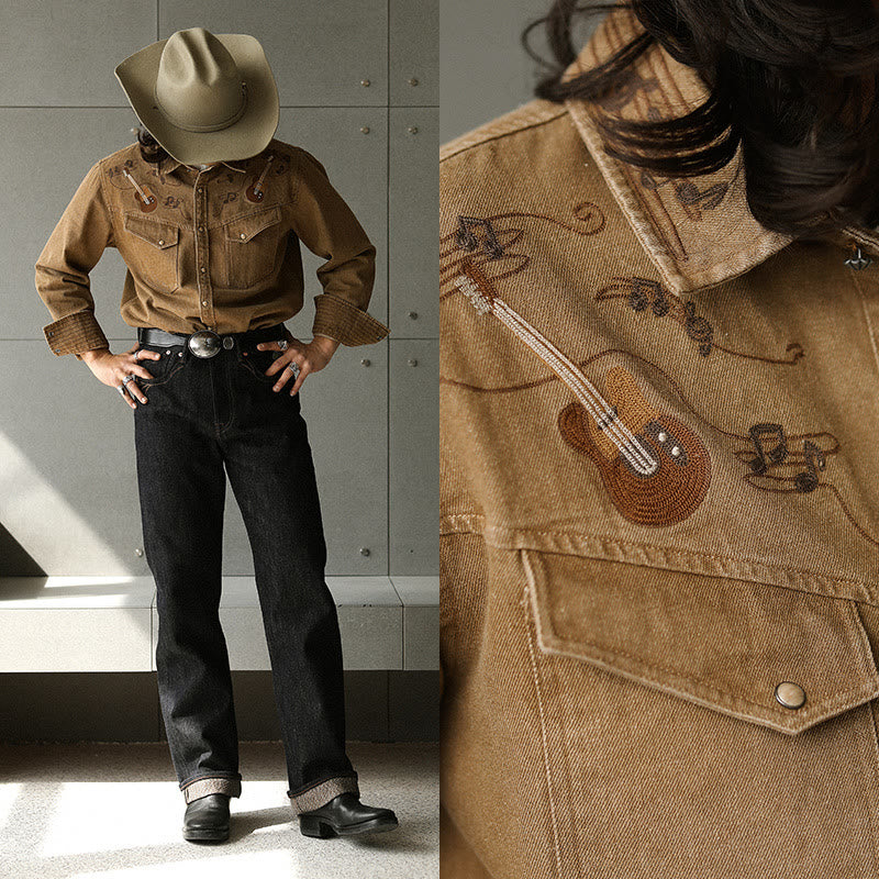 Vintage Guitar Musical Note Embroidery Western Cowboy Shirt - image 2
