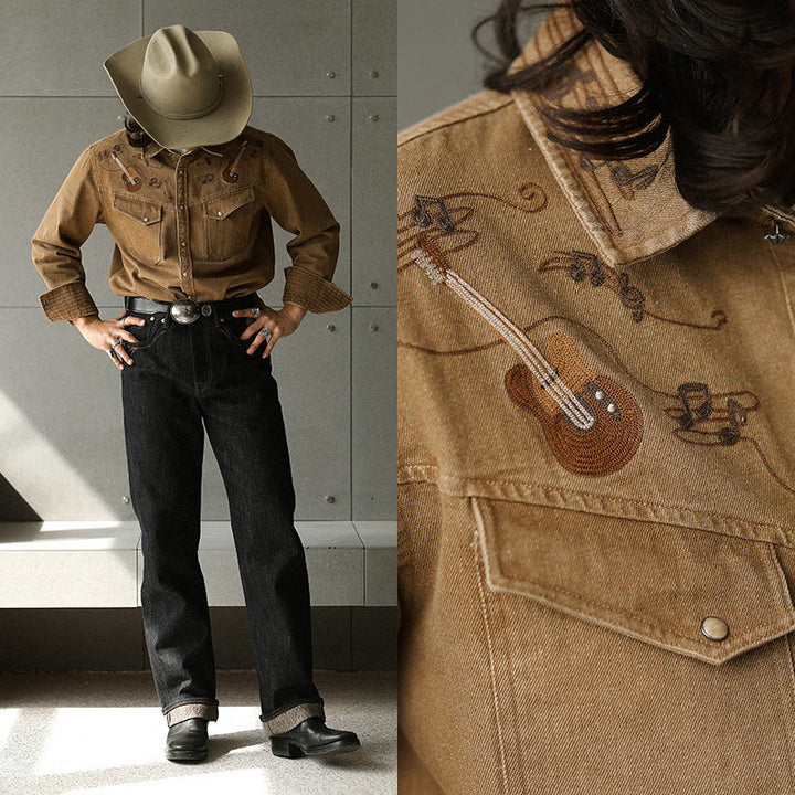 Vintage Guitar Musical Note Embroidery Western Cowboy Shirt - image 2