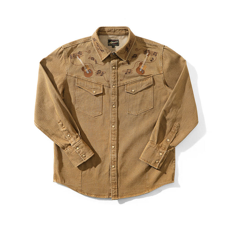 Vintage Guitar Musical Note Embroidery Western Cowboy Shirt - Coffee - 3XL - image 1