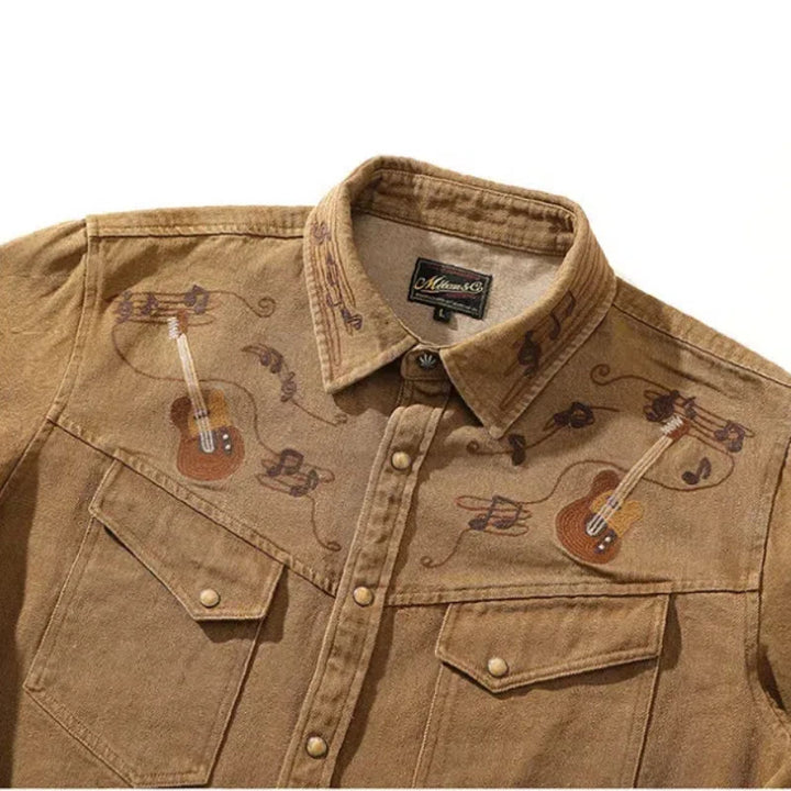 Vintage Guitar Musical Note Embroidery Western Cowboy Shirt - image 3