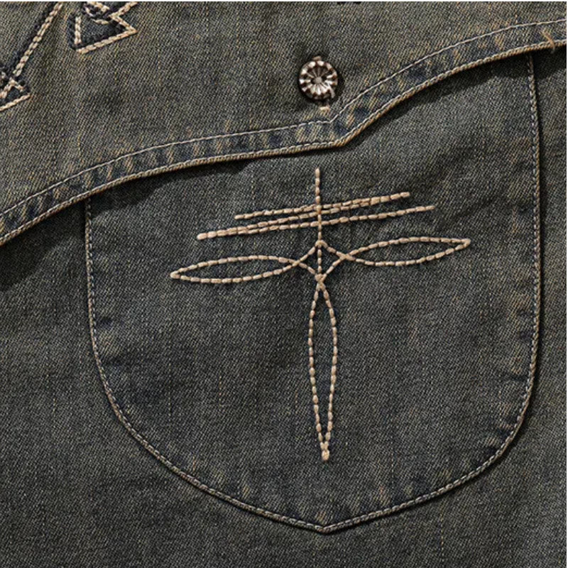 Gambler Embroidered Washed Denim Western Cowboy Shirt - image 8
