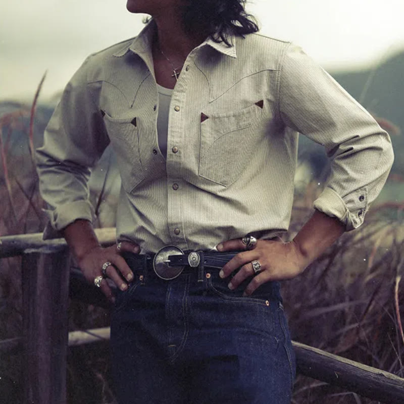 Vintage Beige Woven Stripe Western Cowboy Shirt - image 0