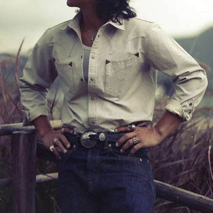 Vintage Beige Woven Stripe Western Cowboy Shirt - image 0
