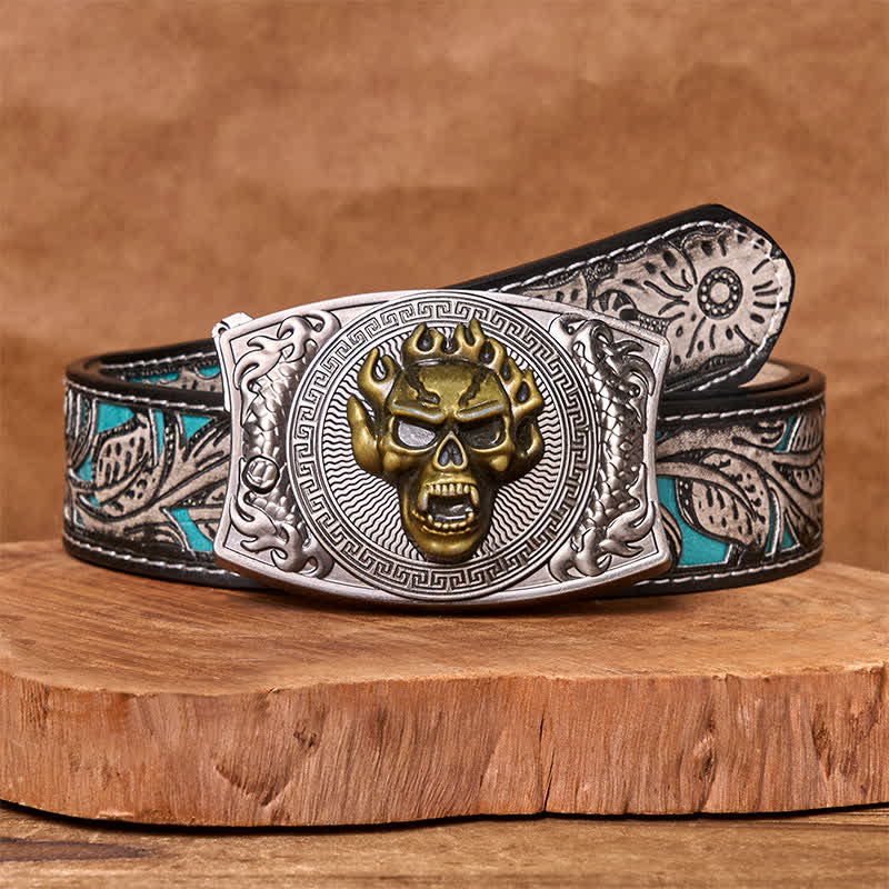 Men's DIY Flame Skull Hidden Folding Knife Leather Belt - Flame Skull - Gray Floral Belt - 42 - image 11