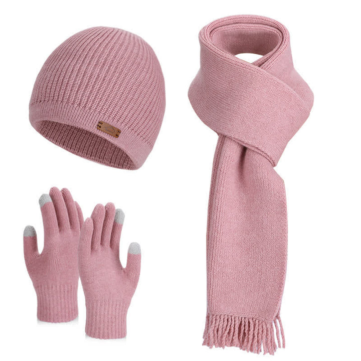 3Pcs Solid Color Knitted Beanie Hat Scarf Gloves Set - Pink - Adjustable (21 5/8"-23 5/8") - image 9