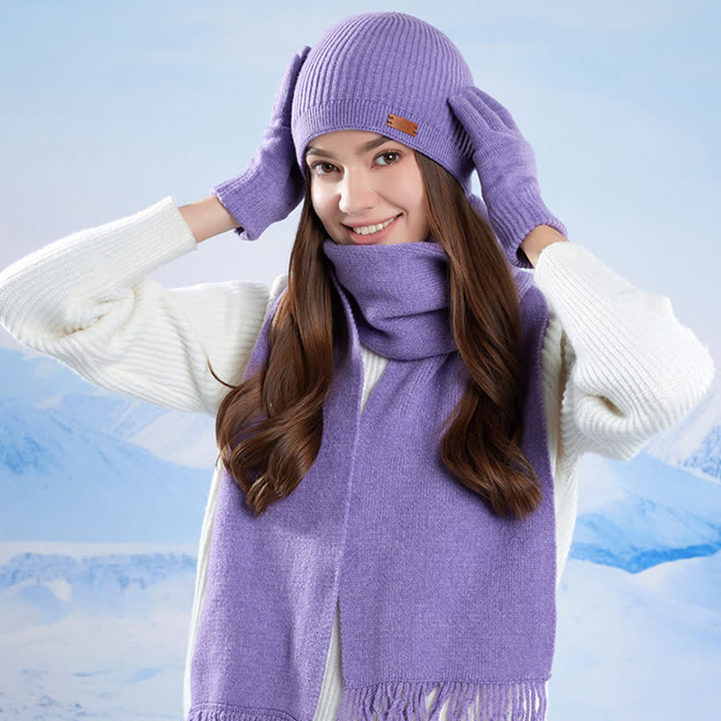 3Pcs Solid Color Knitted Beanie Hat Scarf Gloves Set - image 14