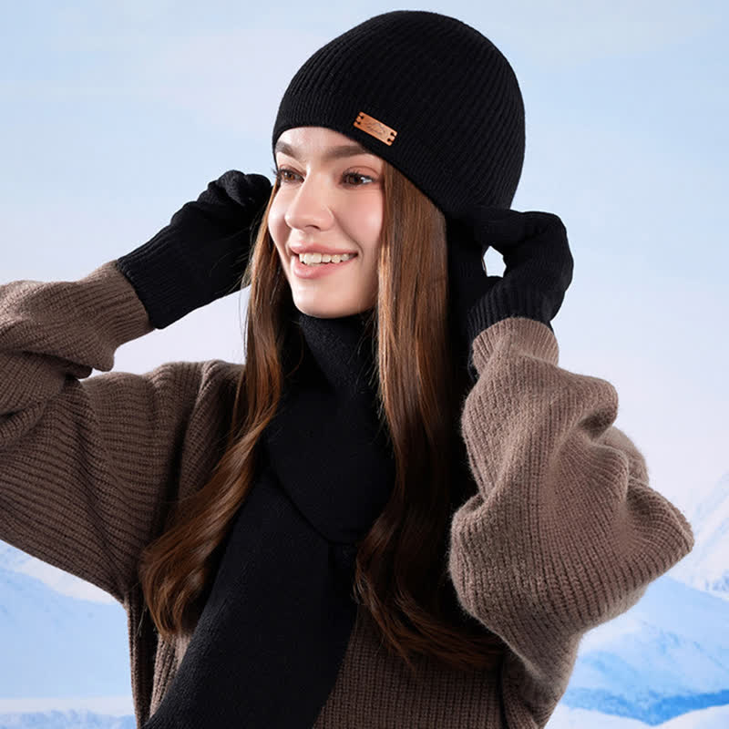 3Pcs Solid Color Knitted Beanie Hat Scarf Gloves Set - image 19