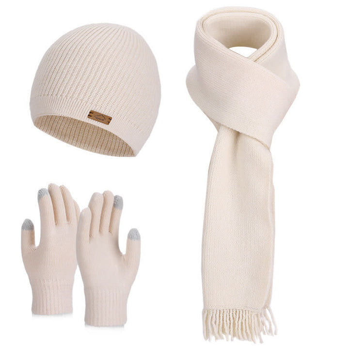 3Pcs Solid Color Knitted Beanie Hat Scarf Gloves Set - Ivory - Adjustable (21 5/8"-23 5/8") - image 0