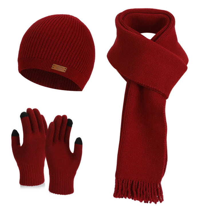 3Pcs Solid Color Knitted Beanie Hat Scarf Gloves Set - Burgundy - Adjustable (21 5/8"-23 5/8") - image 20