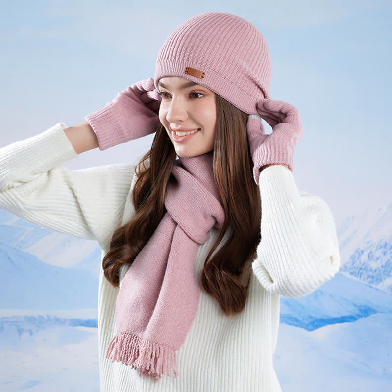 3Pcs Solid Color Knitted Beanie Hat Scarf Gloves Set - image 10