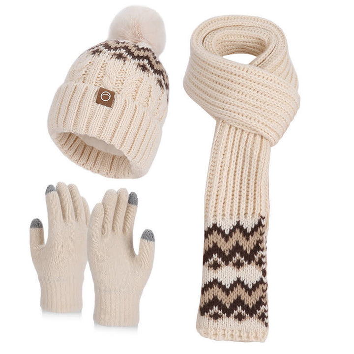 3Pcs Charming Wave Pattern Pom Pom Hat Scarf Gloves Set - Beige - Adjustable (21 5/8"-23 5/8") - image 0