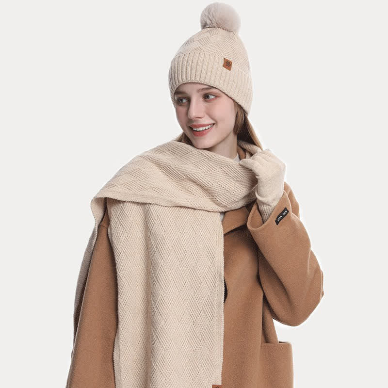 3Pcs Solid Color Fluffy Pom Pom Hat Scarf Gloves Set - image 1