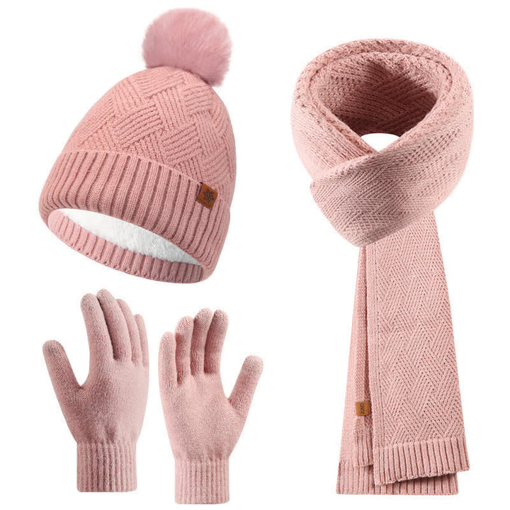 3Pcs Solid Color Fluffy Pom Pom Hat Scarf Gloves Set - Pink - Adjustable (21 1/4"-22 7/8") - image 5
