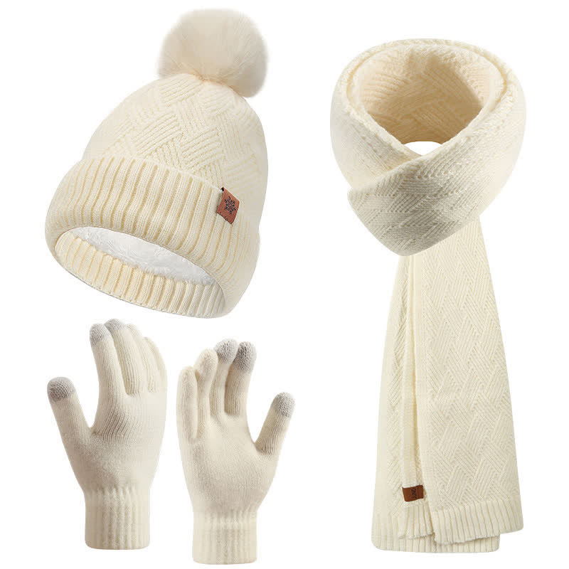 3Pcs Solid Color Fluffy Pom Pom Hat Scarf Gloves Set - Ivory - Adjustable (21 1/4"-22 7/8") - image 15
