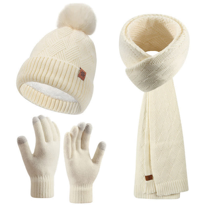 3Pcs Solid Color Fluffy Pom Pom Hat Scarf Gloves Set - Ivory - Adjustable (21 1/4"-22 7/8") - image 15