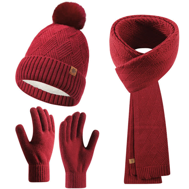 3Pcs Solid Color Fluffy Pom Pom Hat Scarf Gloves Set - Red - Adjustable (21 1/4"-22 7/8") - image 9