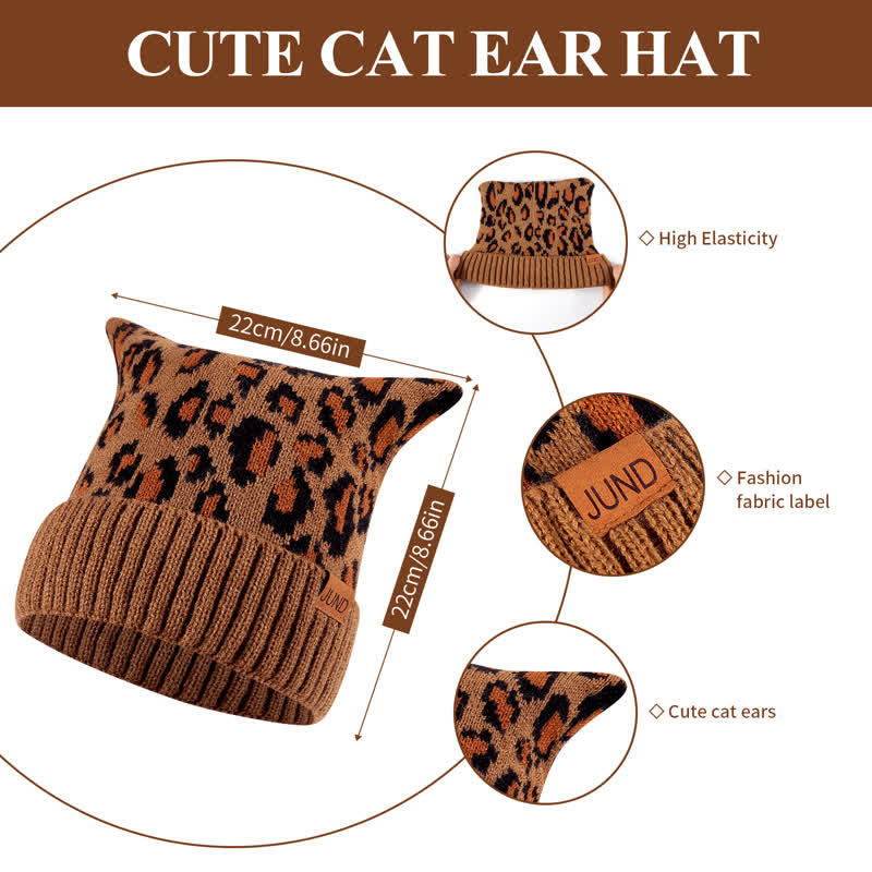 3Pcs Leopard Print Cute Cat Ear Hat Scarf Gloves Set - image 3
