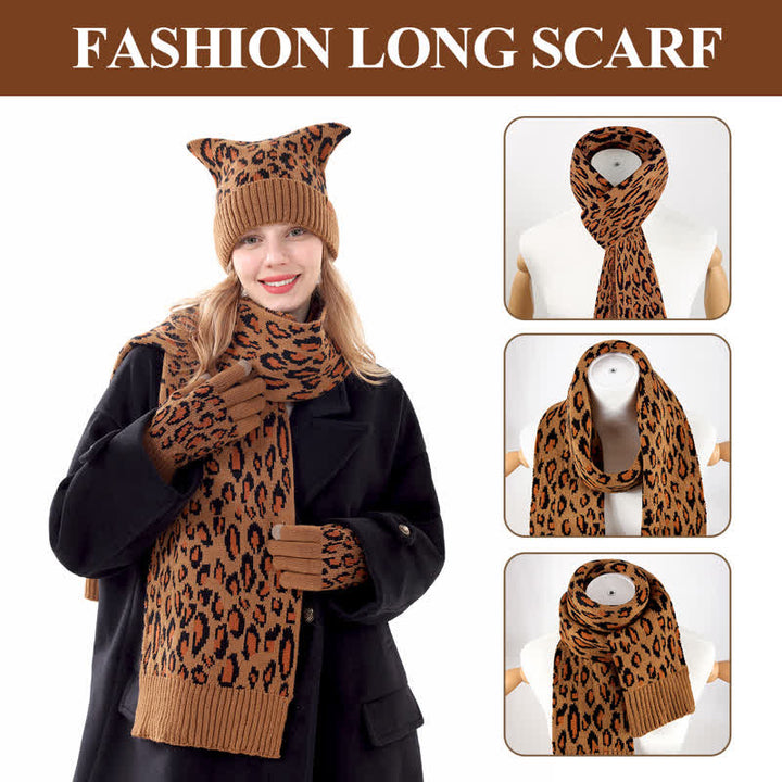 3Pcs Leopard Print Cute Cat Ear Hat Scarf Gloves Set - image 4