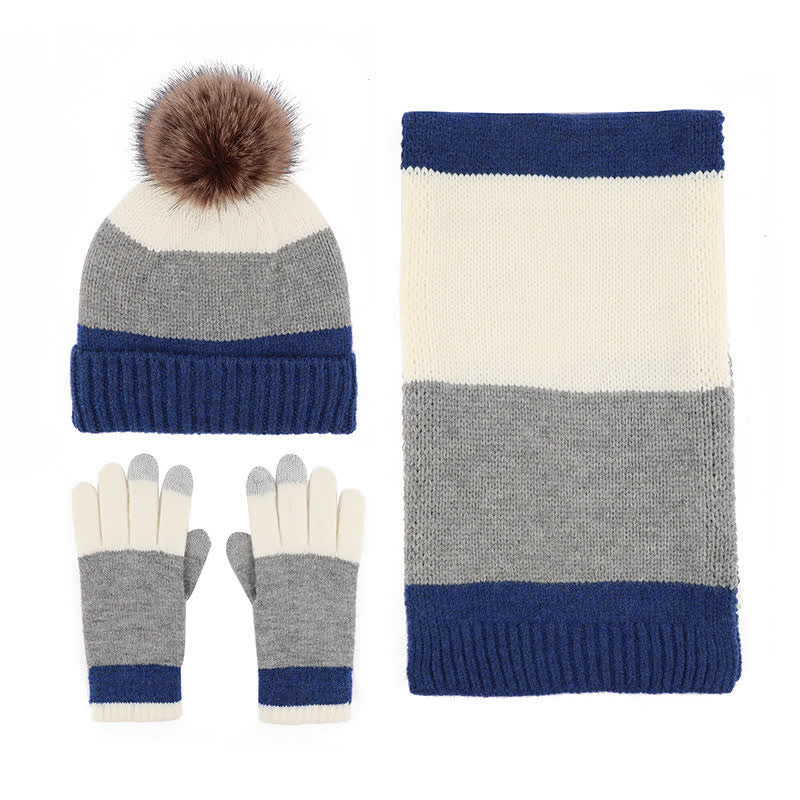 3Pcs Triple Color Block Warm Hat Scarf Gloves Set - image 3