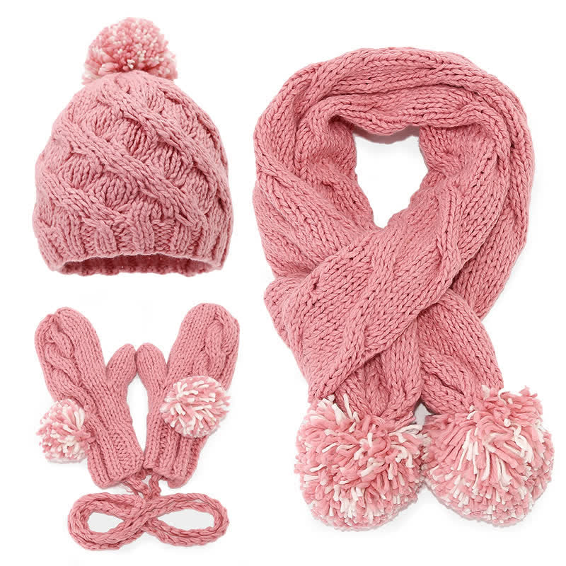 3Pcs Twist Design Hat Scarf Gloves Set With Pom Pom - Pink - Adjustable (21 1/4"-22 7/8") - image 14
