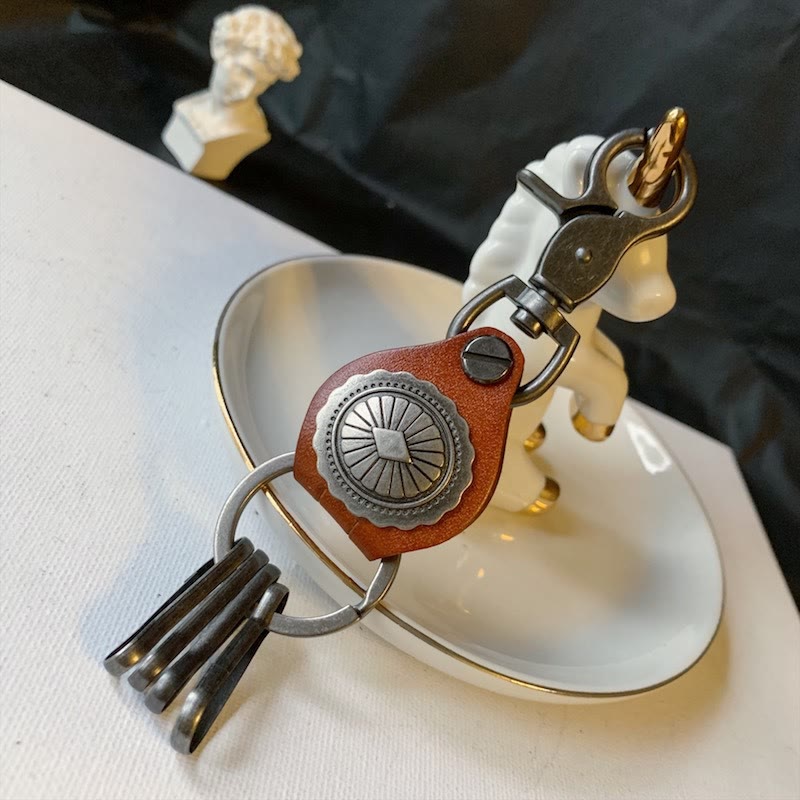 Vintage Silver Round Leather Keychain With Pendant - Brown - image 2