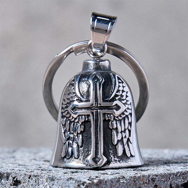 Silver Viking Cross And Wings Bell Keychain - Keychain - image 0