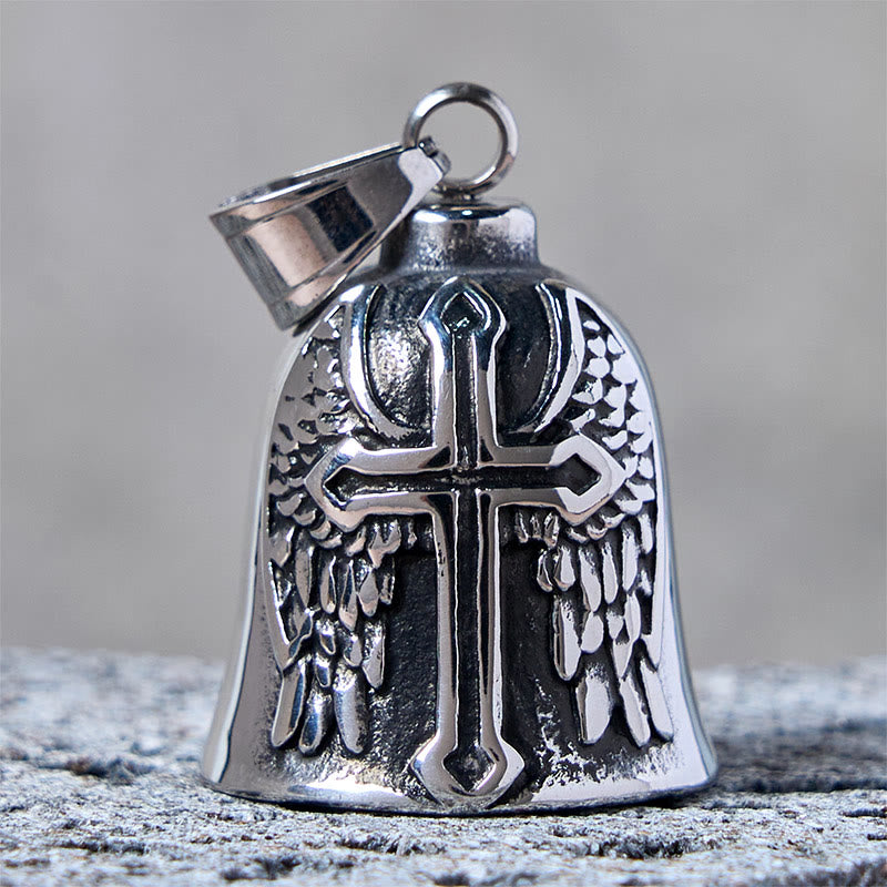 Silver Viking Cross And Wings Bell Keychain - image 1