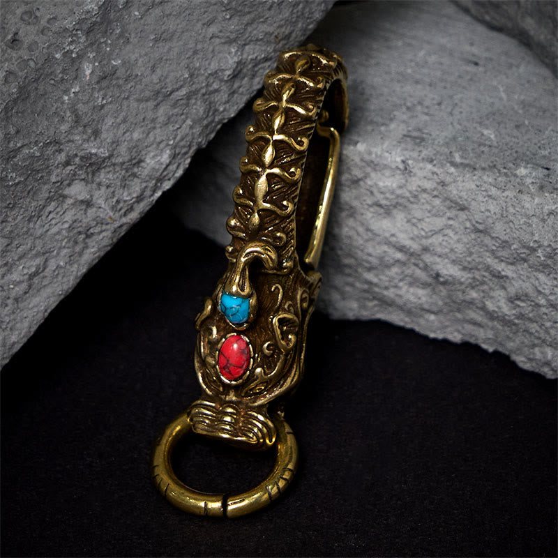 Intricate Dragon Head Snap Hook Brass Keychain - image 3