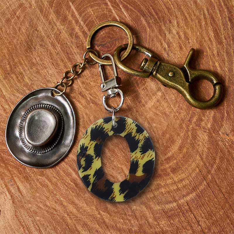 Leopard Print Letter & Cowboy Hat Pendant Keychain - Brass Keychain + Silver Hat - O - image 22