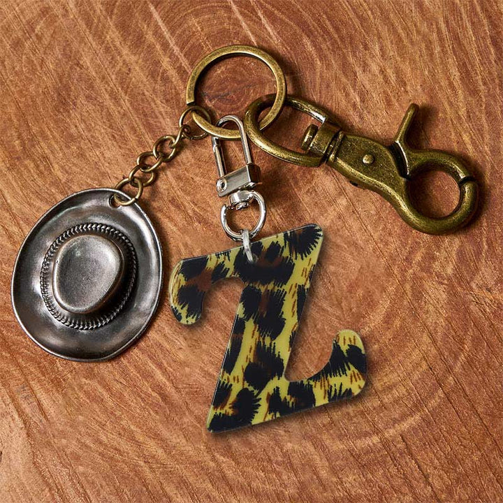 Leopard Print Letter & Cowboy Hat Pendant Keychain - Brass Keychain + Silver Hat - Z - image 33
