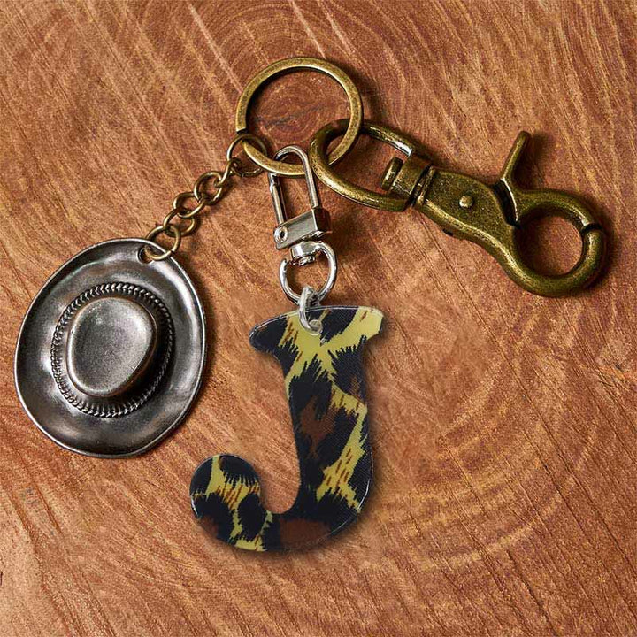 Leopard Print Letter & Cowboy Hat Pendant Keychain - Brass Keychain + Silver Hat - J - image 17