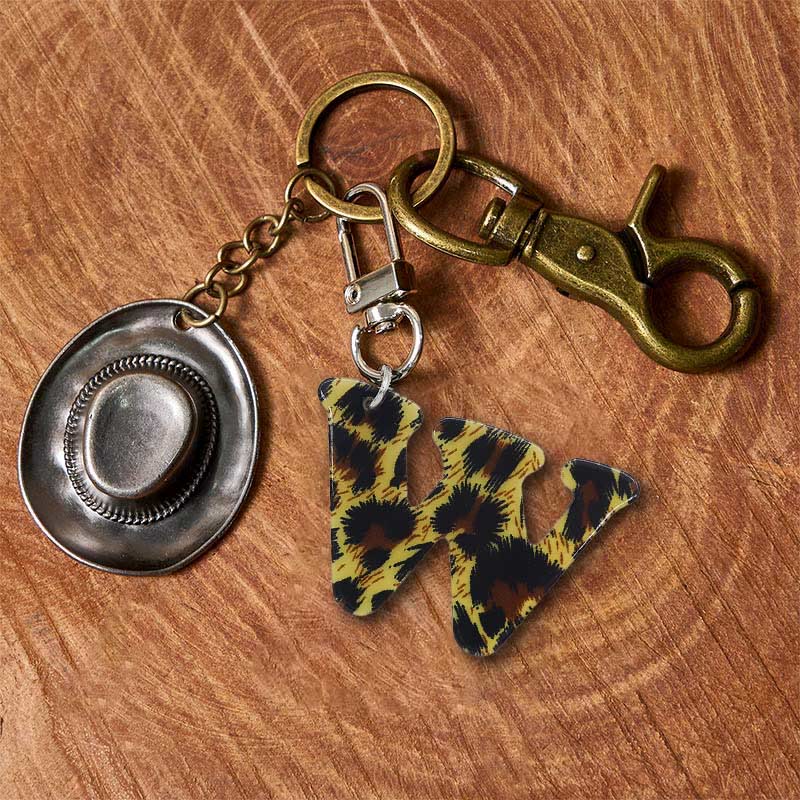 Leopard Print Letter & Cowboy Hat Pendant Keychain - Brass Keychain + Silver Hat - W - image 30