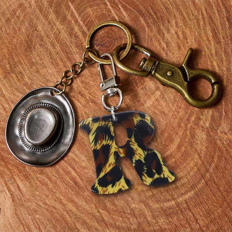 Leopard Print Letter & Cowboy Hat Pendant Keychain - Brass Keychain + Silver Hat - R - image 25