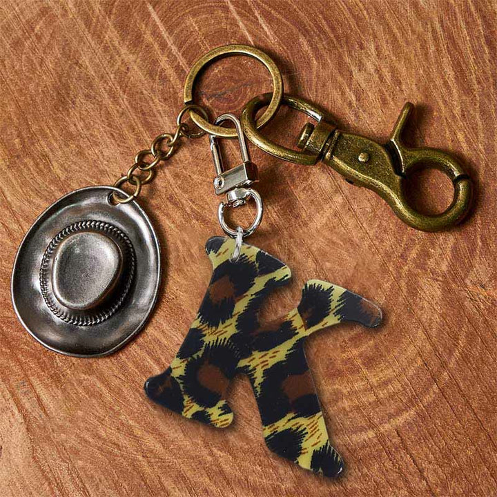 Leopard Print Letter & Cowboy Hat Pendant Keychain - Brass Keychain + Silver Hat - K - image 18