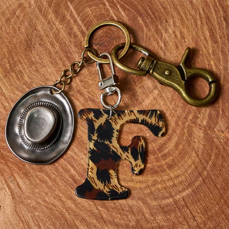 Leopard Print Letter & Cowboy Hat Pendant Keychain - Brass Keychain + Silver Hat - F - image 13