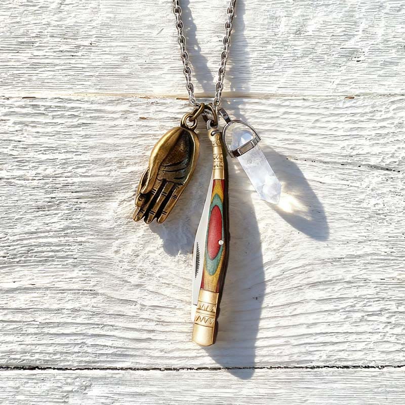 Colorful Handle Outdoor Folding Knife White Crystal Buddha Hand Necklace - Folding Knife Necklace - image 0
