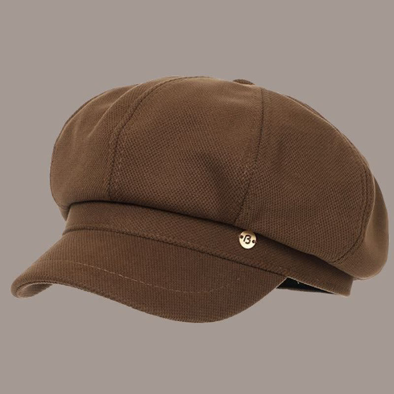 Retro Winter Solid Color Women's Beret With Round Logo - Coffee - Adjustable (About 21 5/8"-23 5/8") - image 4