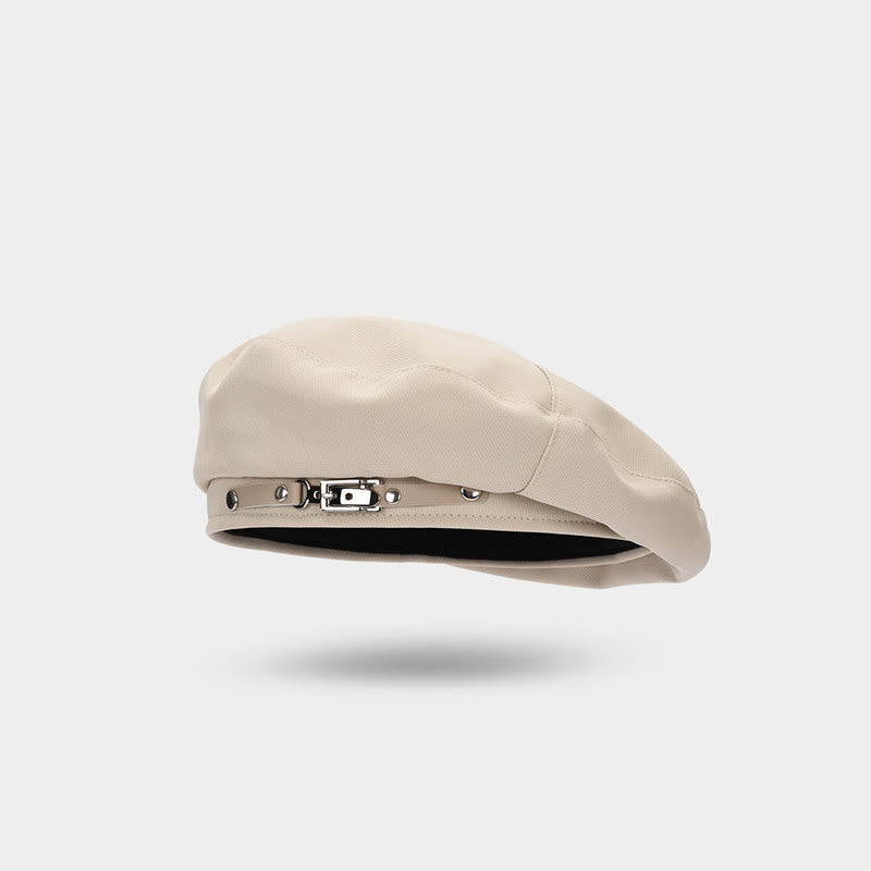 Winter Fashion Simple Metal Buckle Women's Beret Hat - Beige - Adjustable (About 22"-22 7/8") - image 5