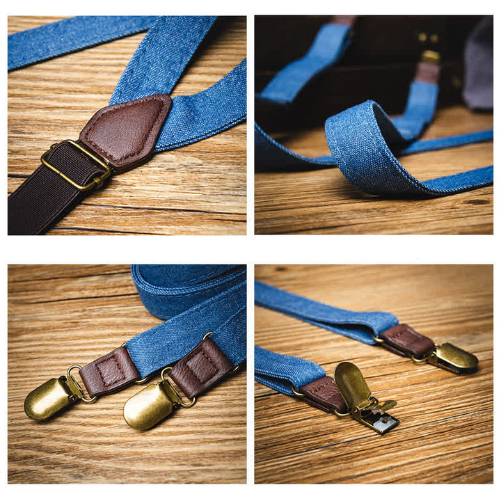 Retro Solid Blue Denim Y-back Elastic Suspenders - image 3