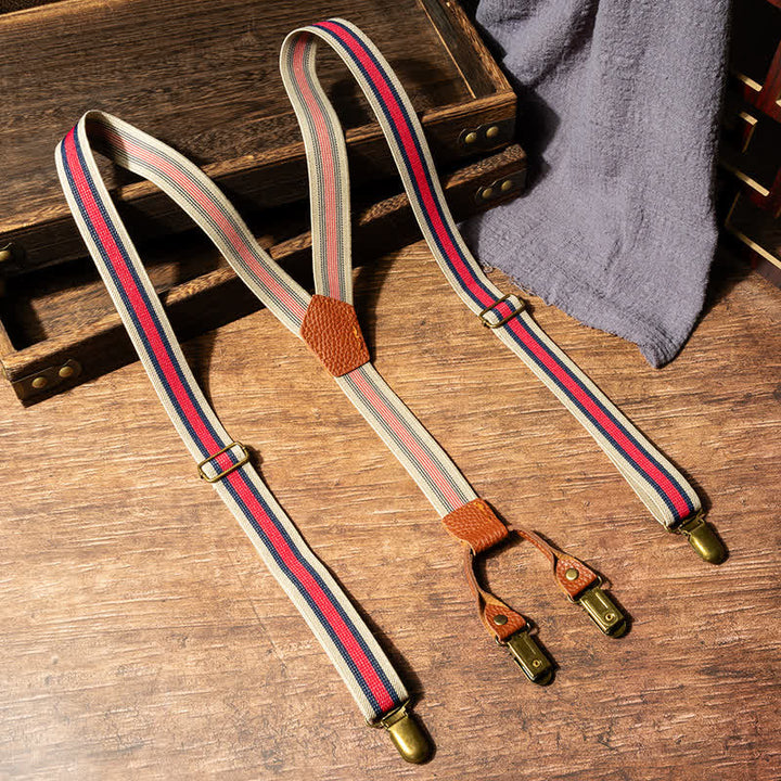 Red & Beige Striped Y-back Elastic Suspenders - Red - image 0