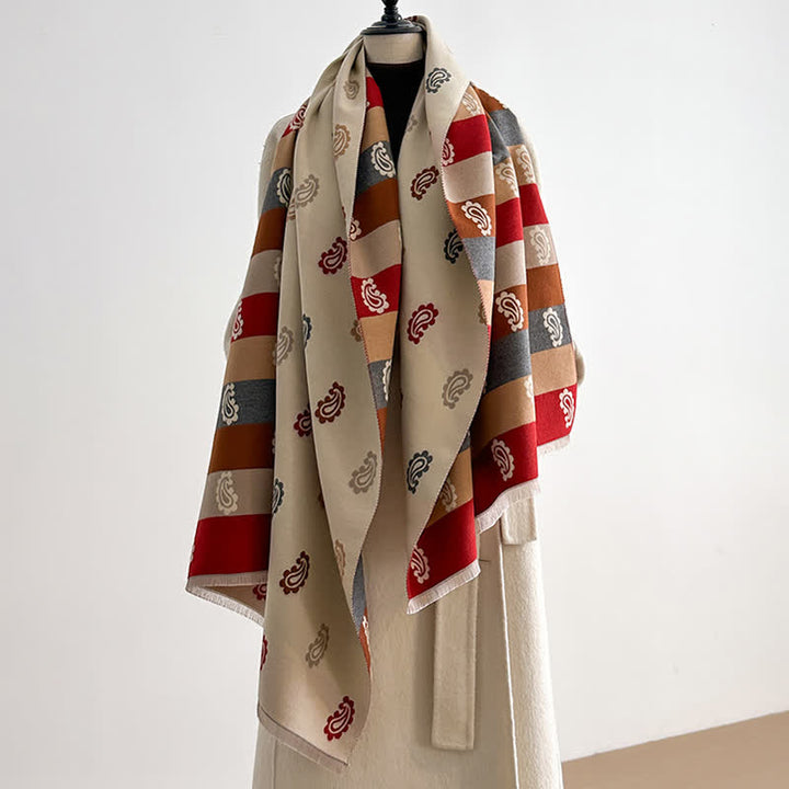 Warm Winter Colorful Paisley & Bold Striped Scarf - Dark Brown - image 3