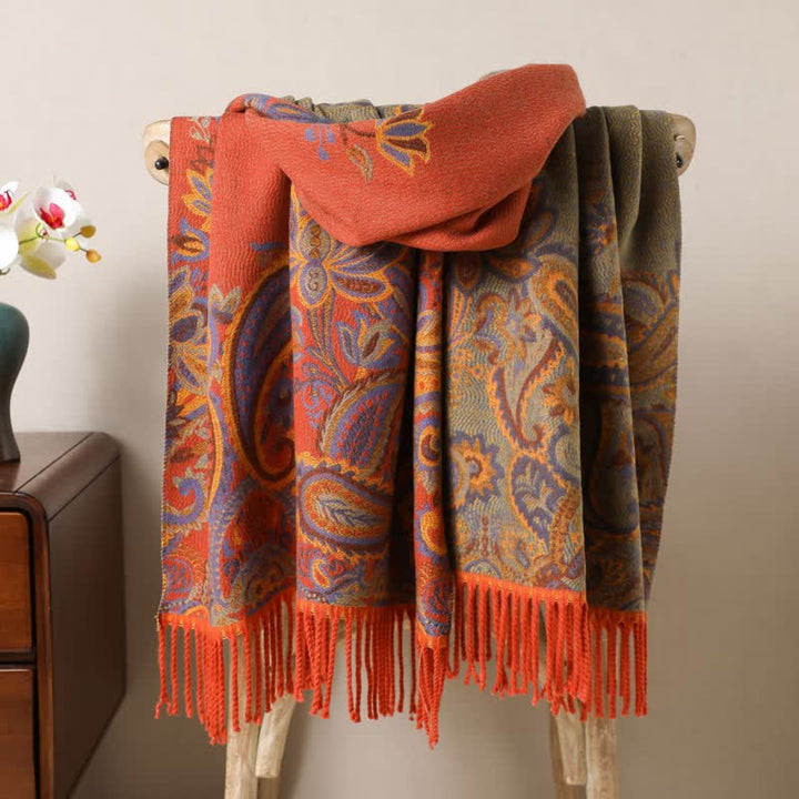 Boho-Chic Aesthetics Paisley Jacquard Tassels Scarf - Orange - image 10