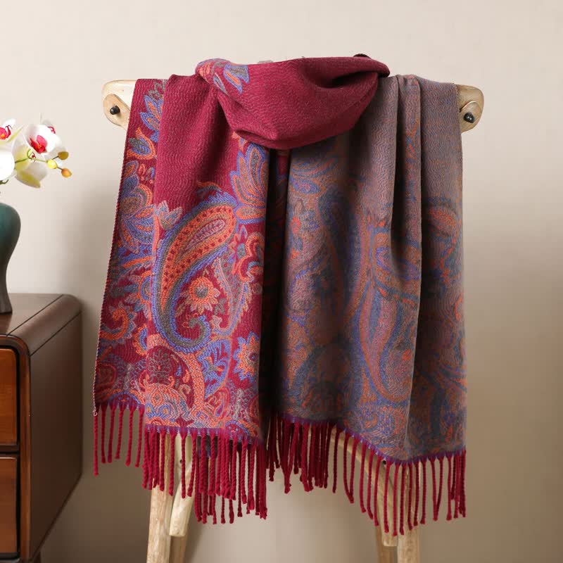 Boho-Chic Aesthetics Paisley Jacquard Tassels Scarf - Burgundy - image 5