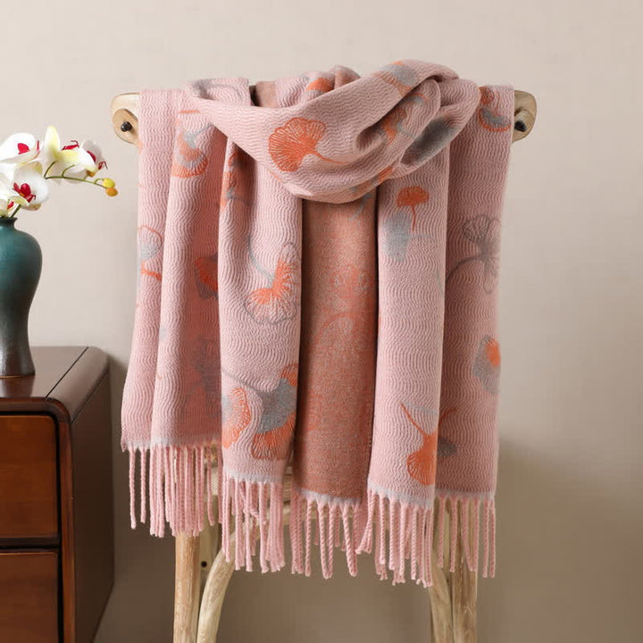 Ginkgo Leaf Pattern Double-Sided Scarf With Tassels - Pink - image 6