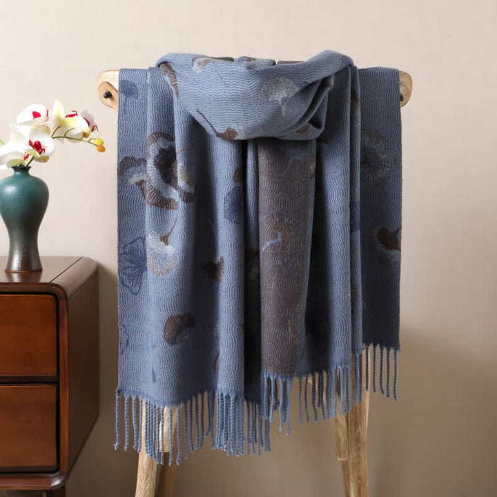 Ginkgo Leaf Pattern Double-Sided Scarf With Tassels - Steel Blue - image 4